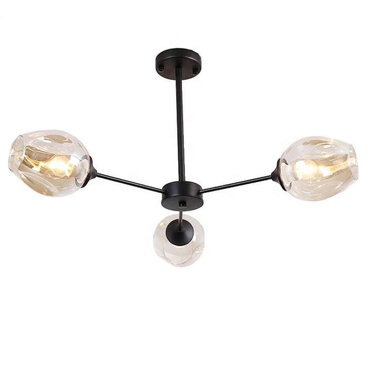 3-Light Indoor Decorative Rod Flush Mounted Pendant Light Fixtures Smoky Grey Glass Chandelier Lighting for Living Room