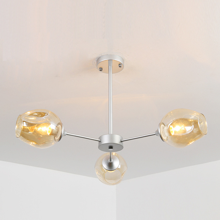 3-Light Indoor Decorative Rod Flush Mounted Pendant Light Fixtures Smoky Grey Glass Chandelier Lighting for Living Room