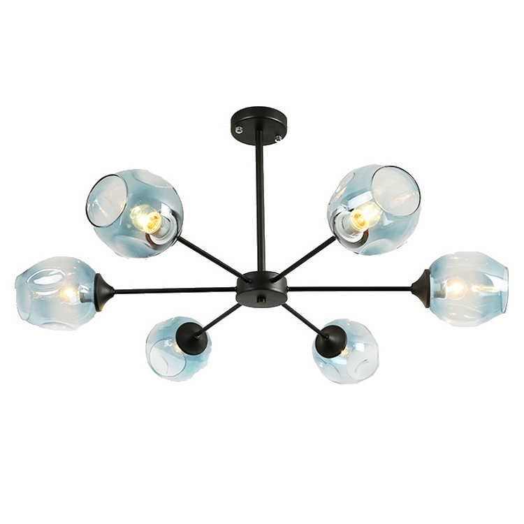 6-Light Semi-Flush Mount Glass Chandelier Silver Ceiling Light Large Smoky Grey Glass Lampshade Light fixture