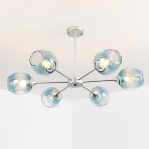 6-Light Semi-Flush Mount Glass Chandelier Silver Ceiling Light Large Smoky Grey Glass Lampshade Light fixture