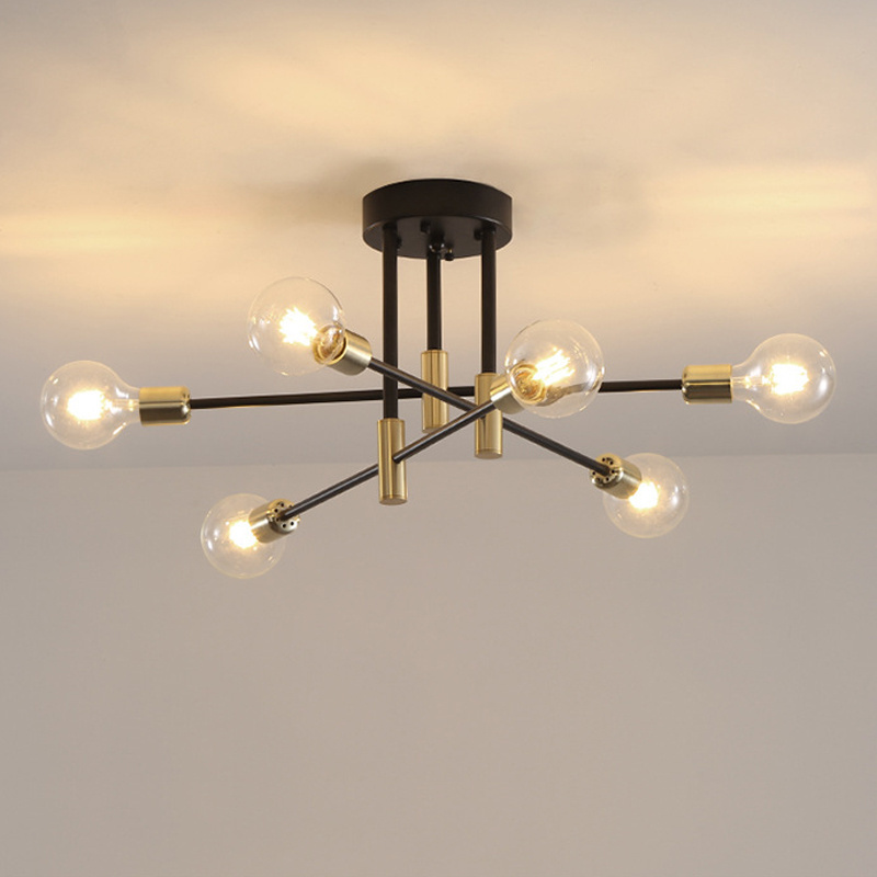 Hot sales 6-Light Contemporary Home Semi Flush Mount Lighting Decor Black and Gold Edison Bulb Living Room Ceiling Light