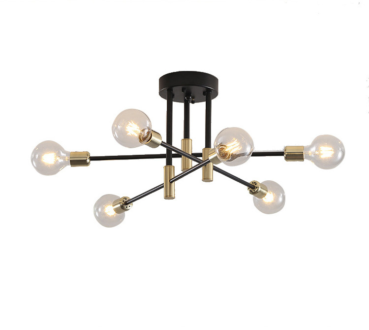 Hot sales 6-Light Contemporary Home Semi Flush Mount Lighting Decor Black and Gold Edison Bulb Living Room Ceiling Light