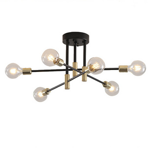 Hot sales 6-Light Contemporary Home Semi Flush Mount Lighting Decor Black and Gold Edison Bulb Living Room Ceiling Light