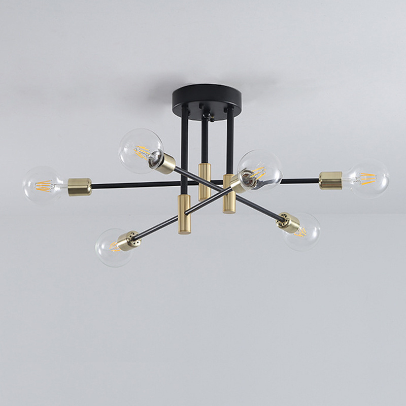 Hot sales 6-Light Contemporary Home Semi Flush Mount Lighting Decor Black and Gold Edison Bulb Living Room Ceiling Light