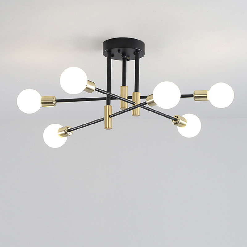 Hot sales 6-Light Contemporary Home Semi Flush Mount Lighting Decor Black and Gold Edison Bulb Living Room Ceiling Light