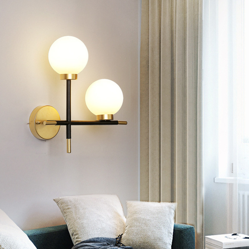 Modern Black and Gold 2-Light Wall Lamp Molecular Milk White globe Glass Lampshade Bedroom Wall Sconce