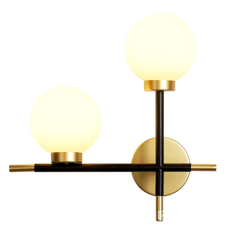 Modern Black and Gold 2-Light Wall Lamp Molecular Milk White globe Glass Lampshade Bedroom Wall Sconce