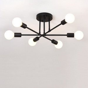 Mid Century Modern 6 Light Fixtures, Palacelantern Semi Flush Ceiling Light Contemporary Sputnik Chandelier Black and Gold Light