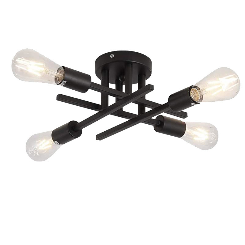 Retro 4-Light Close to Ceiling Light Painting Black Metal Frame Semi Flush Mounted Chandelier Ceiling Light for Kitchen