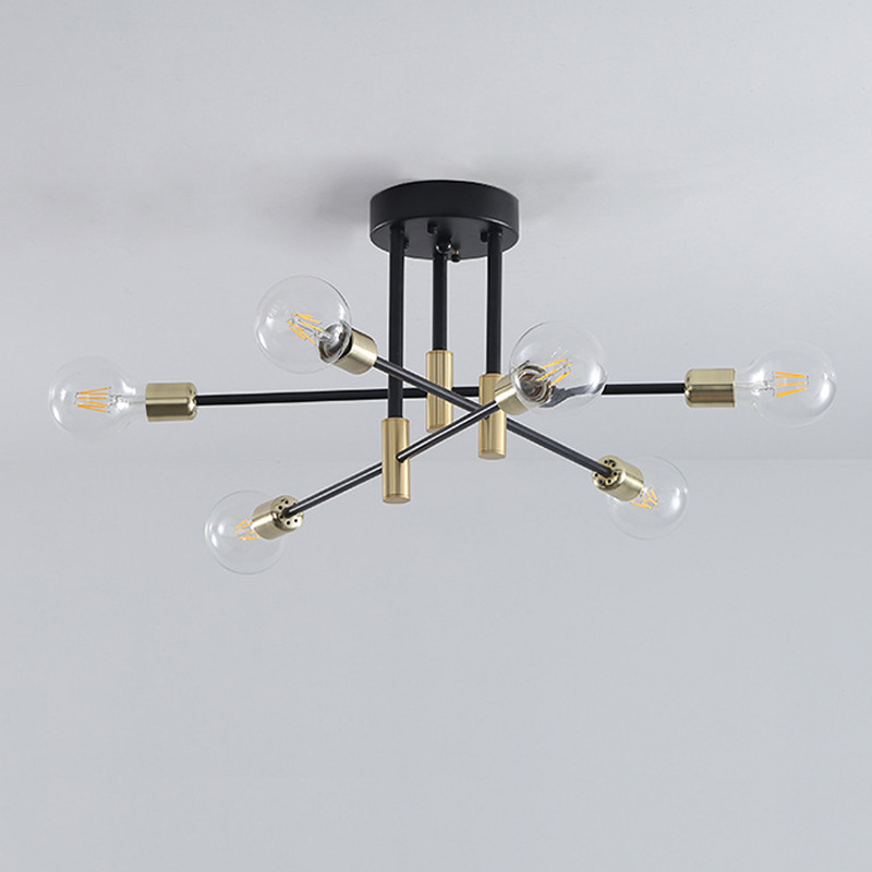 6-Lihgt Black Gold Sputnik Ceiling Light Flush Mount E26 Edison Bulb Bedroom Lighting Fixtures Zhongshan Factory