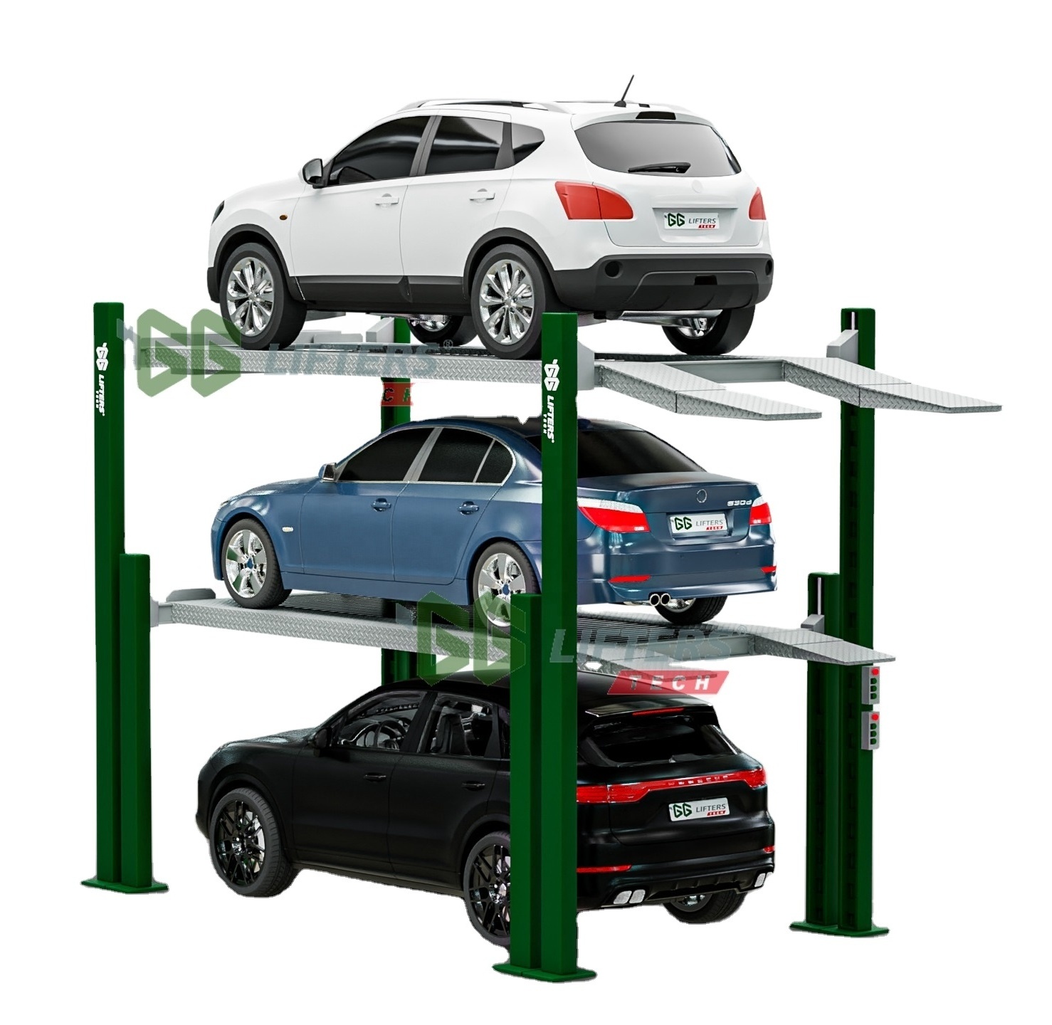 vertical storage car stacking system 4 post 3 level outdoor triple car stacker parking lift