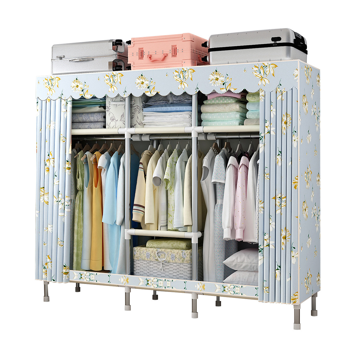 China Factory Cheap Cloth Covered Armoire Bedroom Clothes Storage Portable Armoire Fully Assembled Armoire Closet