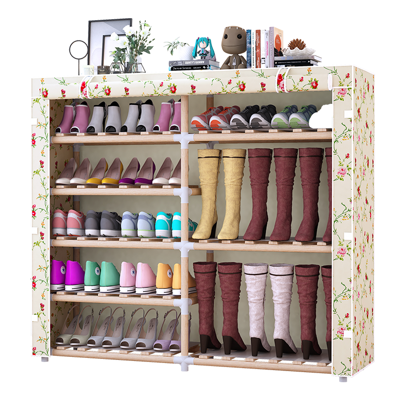 Portable 6-Tier Boots Rack Canvas Shoes Storage Shelf DIY Solid Wood Shoe Rack 2-Column Shoe Rack Dust-Proof Cupboard