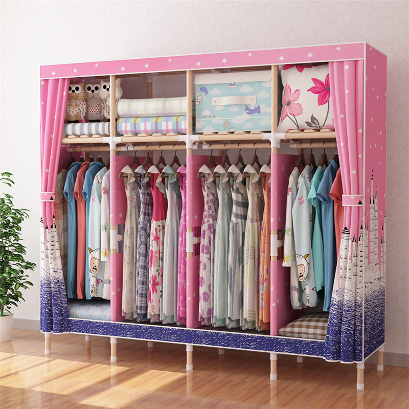 Hot Sale Cheap 3 Doors Assemble Closet Kids Portable Wood Canvas Cloth Fabric Wardrobe Dustproof Cover