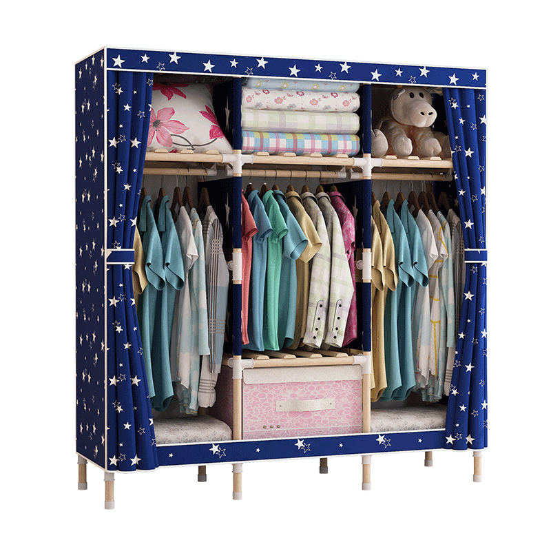 130Cm Assembled Wooden Frame Clothes Organizer Sturdy Portable Wardrobe With Navy Blue Grey Pink Fabric Cover