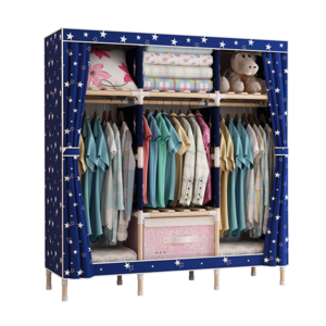 130Cm Assembled Wooden Frame Clothes Organizer Sturdy Portable Wardrobe With Navy Blue Grey Pink Fabric Cover