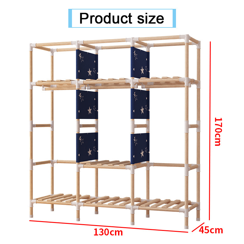 130Cm Assembled Wooden Frame Clothes Organizer Sturdy Portable Wardrobe With Navy Blue Grey Pink Fabric Cover