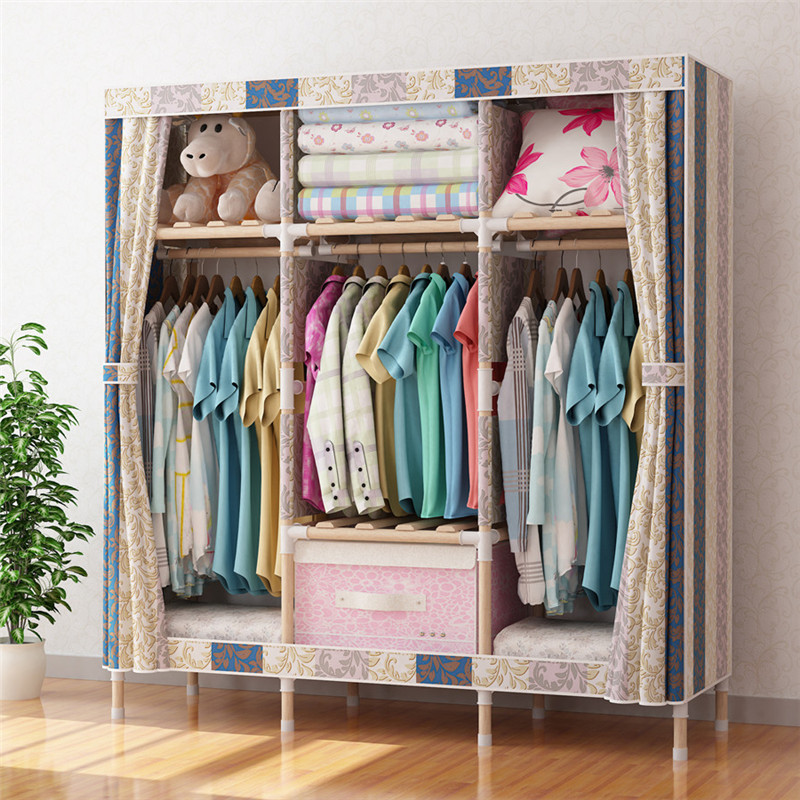 130Cm Assembled Wooden Frame Clothes Organizer Sturdy Portable Wardrobe With Navy Blue Grey Pink Fabric Cover