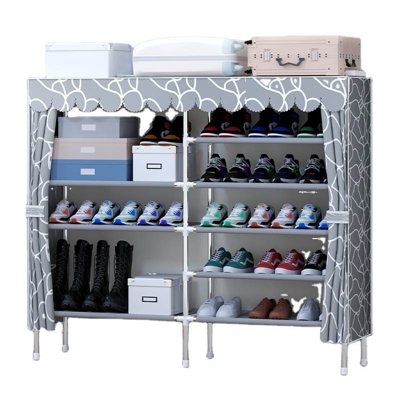 2-Column Storage Shelf For Boots And Sneakers Portable Fabric Metal Shoe Rack