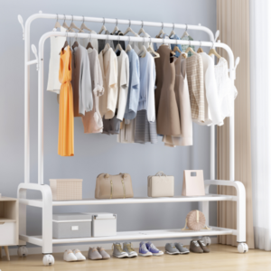 Metal Clothes Rail Double Pole Coat Rack Freestanding Garment Rack Hanger With 4 Side Hooks and 2-Tier Lower Storage Shelf