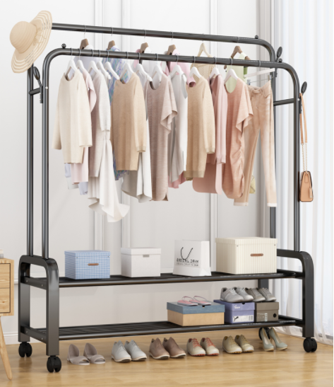 Metal Clothes Rail Double Pole Coat Rack Freestanding Garment Rack Hanger With 4 Side Hooks and 2-Tier Lower Storage Shelf