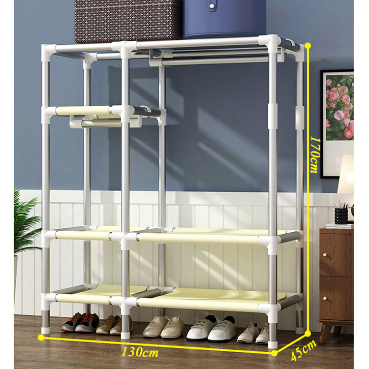 130Cm-Wide Canvas Bedroom Closet Double Sliding Door Portable Wardrobe Fabric DIY Storage Organizer Metal Pipe Clothes Cabinet