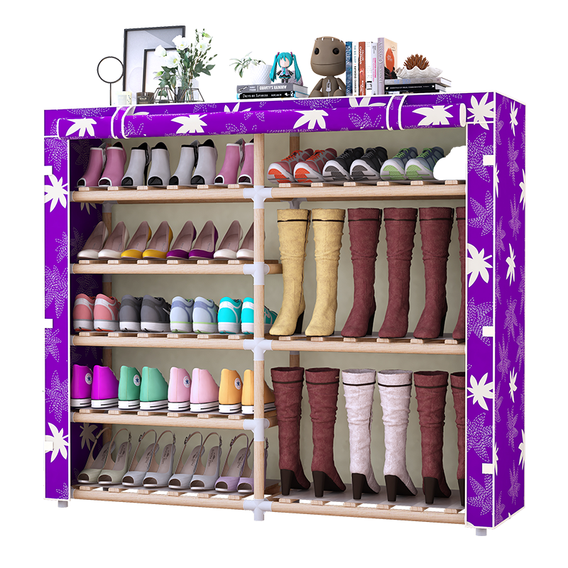 Portable 6-Tier Boots Rack Canvas Shoes Storage Shelf DIY Solid Wood Shoe Rack 2-Column Shoe Rack Dust-Proof Cupboard