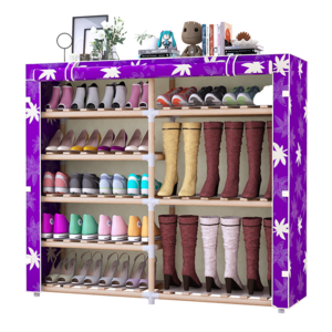 Portable 6-Tier Boots Rack Canvas Shoes Storage Shelf DIY Solid Wood Shoe Rack 2-Column Shoe Rack Dust-Proof Cupboard