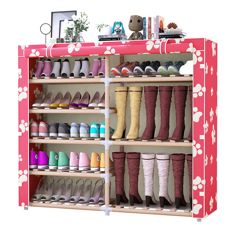 Portable 6-Tier Boots Rack Canvas Shoes Storage Shelf DIY Solid Wood Shoe Rack 2-Column Shoe Rack Dust-Proof Cupboard