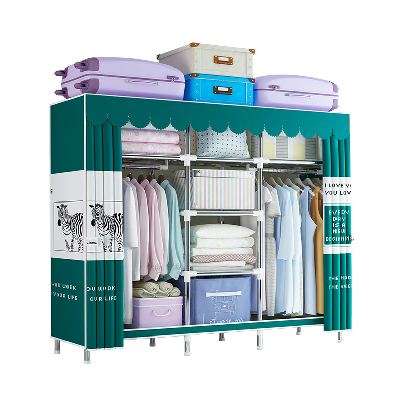 163Cm Assembled Cabinet Clothes Storage Organizer Sliding Double Door Portable Wardrobe Metal Frame Canvas Clothes Closet