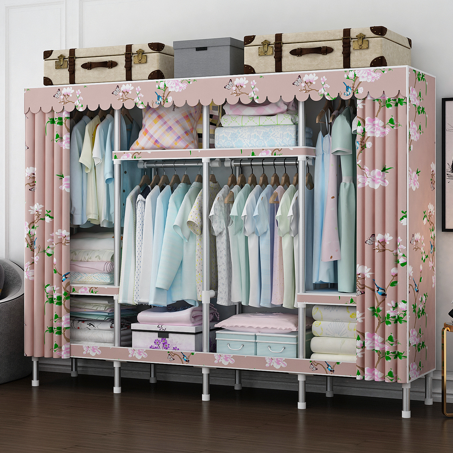 2m  Factory Cheap Cloth Covered Armoire Bedroom Furniture Clothes Storage Portable Armoire Fully Assembled Armoire Closet