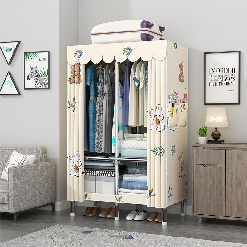 Dormitory Metal Pipe Cupboard Clothes Closet Cheap Portable Fabric Wardrobe Heavy Duty Storage Organizer Clothes Cabinet