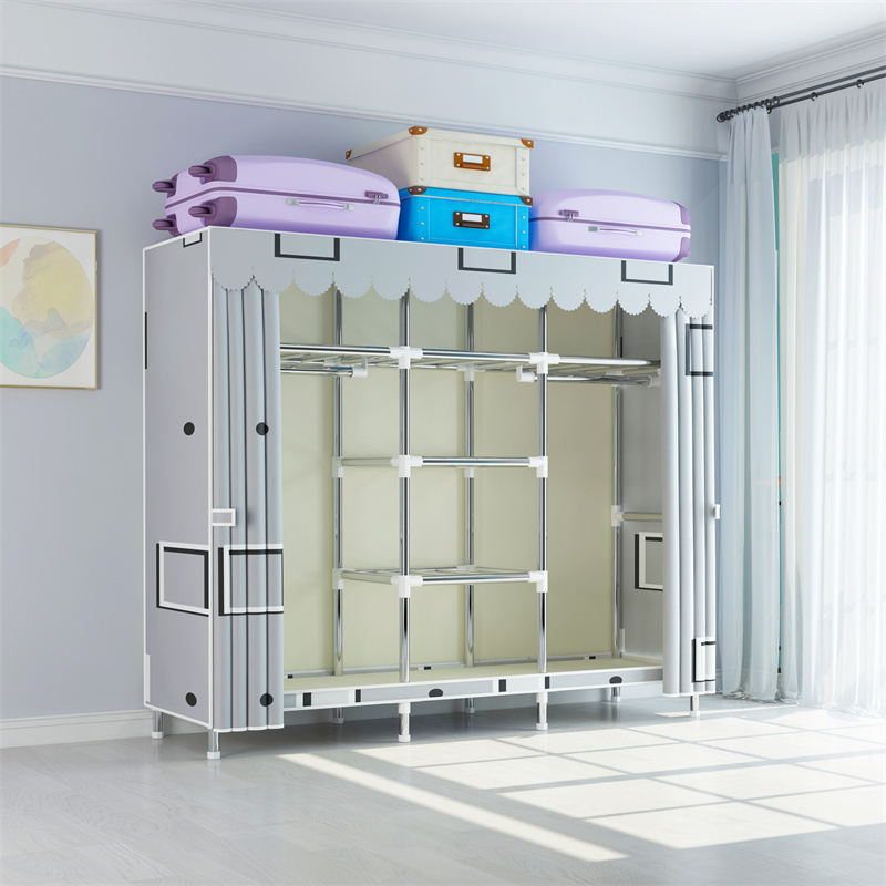 163Cm Assembled Cabinet Clothes Storage Organizer Sliding Double Door Portable Wardrobe Metal Frame Canvas Clothes Closet