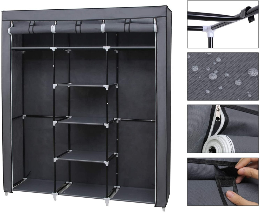 Folding Non-Woven Fabric Wardrobe with 2 Hanging Rods Portable Clothes Closet