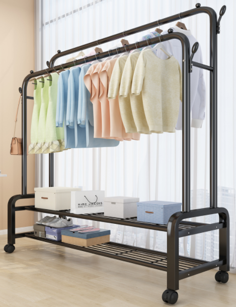 Home Metal organizer move freely Double Rod Portable Clothing Hanging Garment Rack with commodity shelf and wheel