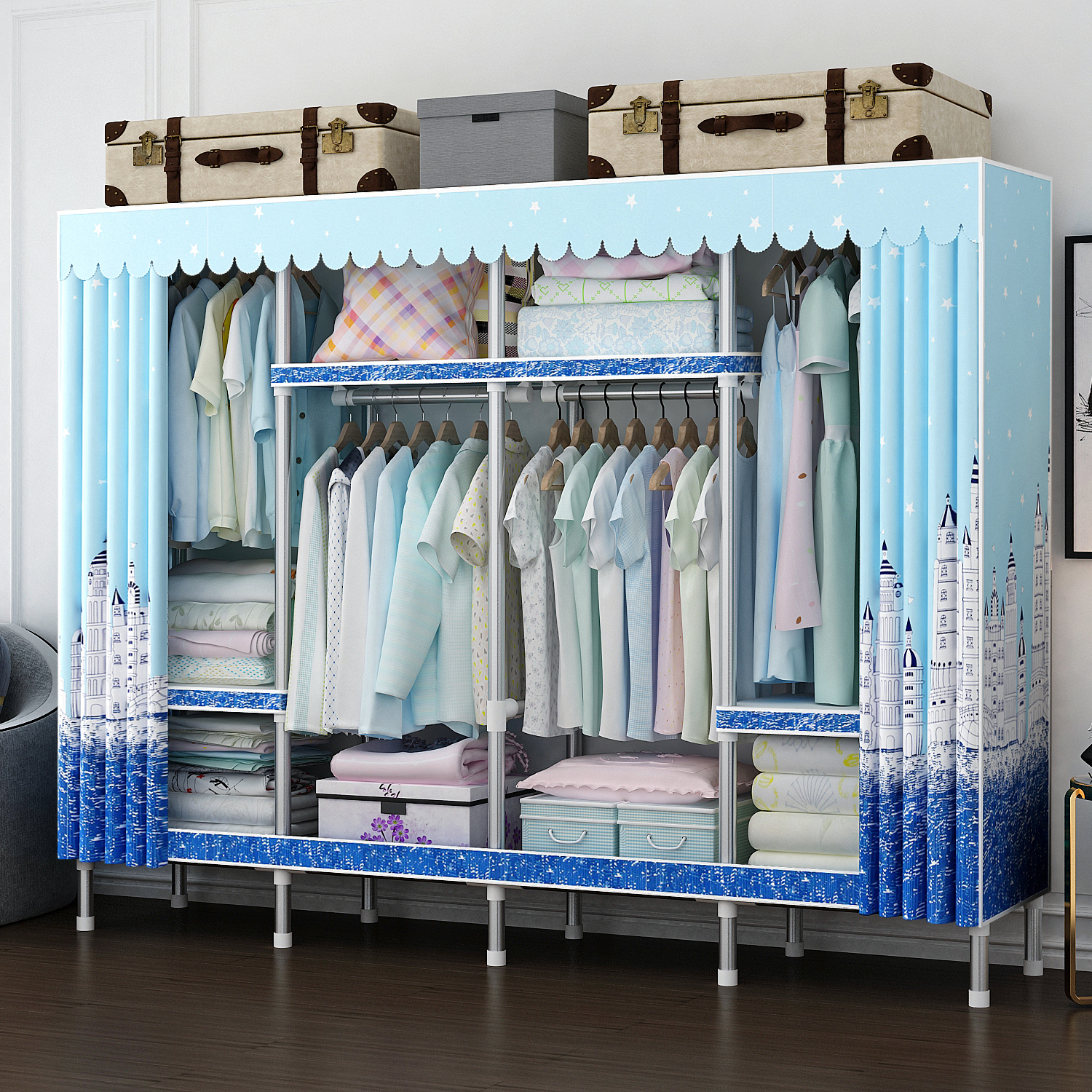 2m  Factory Cheap Cloth Covered Armoire Bedroom Furniture Clothes Storage Portable Armoire Fully Assembled Armoire Closet