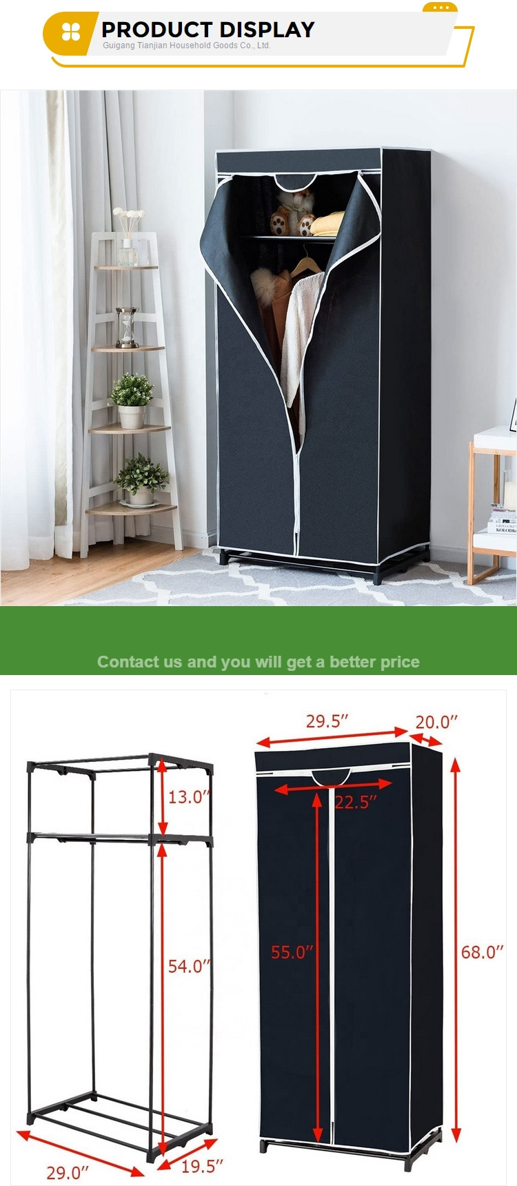 Portable Wardrobe Non-Woven Fabric Small Clothes Closet Storage Organizer with Metal Hanging Rack Clothes Storage Shelves