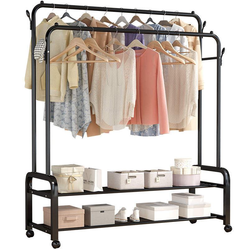 Home Metal organizer move freely Double Rod Portable Clothing Hanging Garment Rack with commodity shelf and wheel