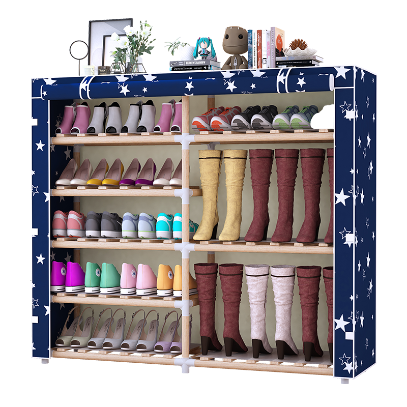 Portable 6-Tier Boots Rack Canvas Shoes Storage Shelf DIY Solid Wood Shoe Rack 2-Column Shoe Rack Dust-Proof Cupboard