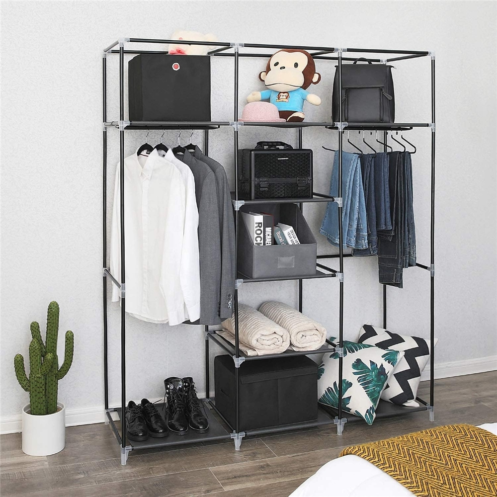 Folding Non-Woven Fabric Wardrobe with 2 Hanging Rods Portable Clothes Closet