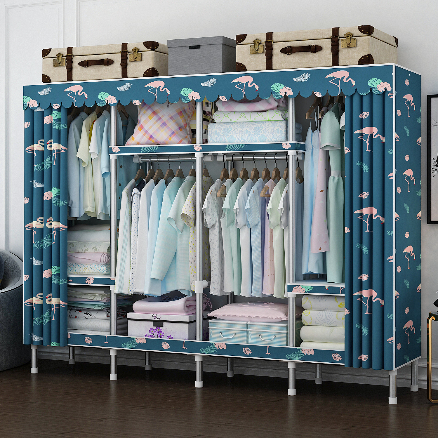 2m  Factory Cheap Cloth Covered Armoire Bedroom Furniture Clothes Storage Portable Armoire Fully Assembled Armoire Closet