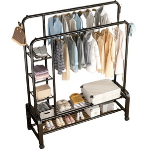 Garment Rack Double Shelves Portable Clothes Rail Stand Metal Multi Functional Clothes Rack Floor Racks