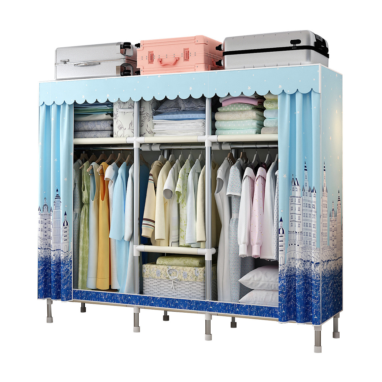 China Factory Cheap Cloth Covered Armoire Bedroom Clothes Storage Portable Armoire Fully Assembled Armoire Closet