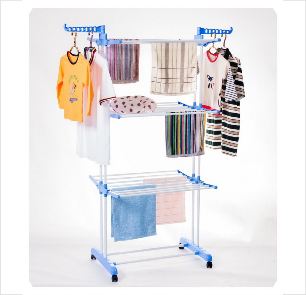 BS-8031 multipurpose easy move layers foldable and duty baby clothes garments hanging dryer metal cloth hanger rack with wheels