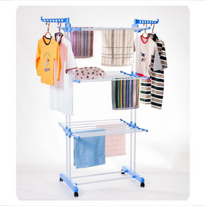 BS-8031 multipurpose easy move layers foldable and duty baby clothes garments hanging dryer metal cloth hanger rack with wheels