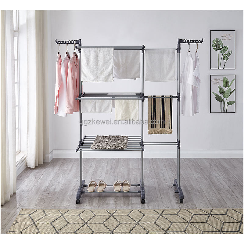 BS-8033 popular style clothes hanging dryer metal cloth hanger rack with wheels  new design multi- layers foldable and duty baby