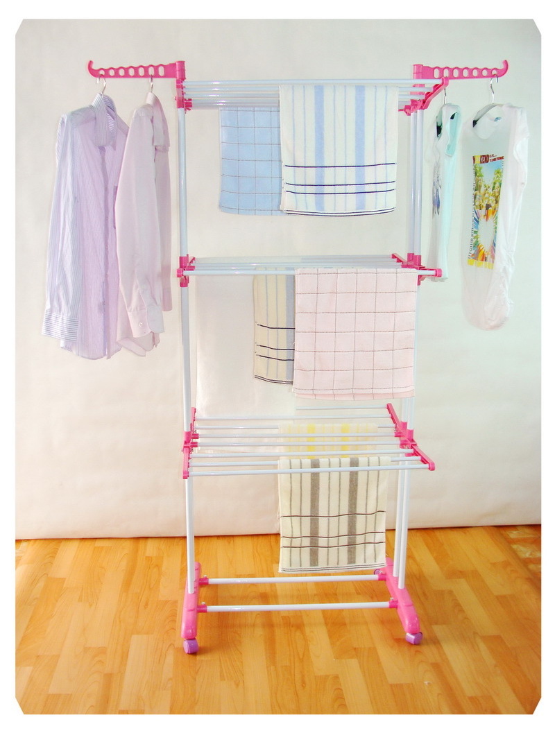 BS-8031 multipurpose easy move layers foldable and duty baby clothes garments hanging dryer metal cloth hanger rack with wheels