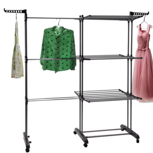 New design multi- layers foldable and duty baby clothes garments hanging dryer Aluminum metal cloth hanger rack with wheels