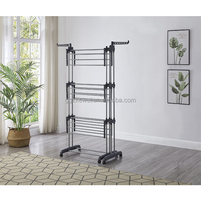 Factory wholesale high quality Grey extendeble clothes drying rack foldable clothes drying rack 3 tier with wheels