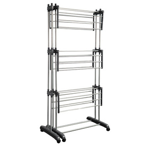 BS-8033 New Product 3 Tier Rolling clothes drying rack Collapsible Garment Laundry Rack With Foldable Wings And Casters